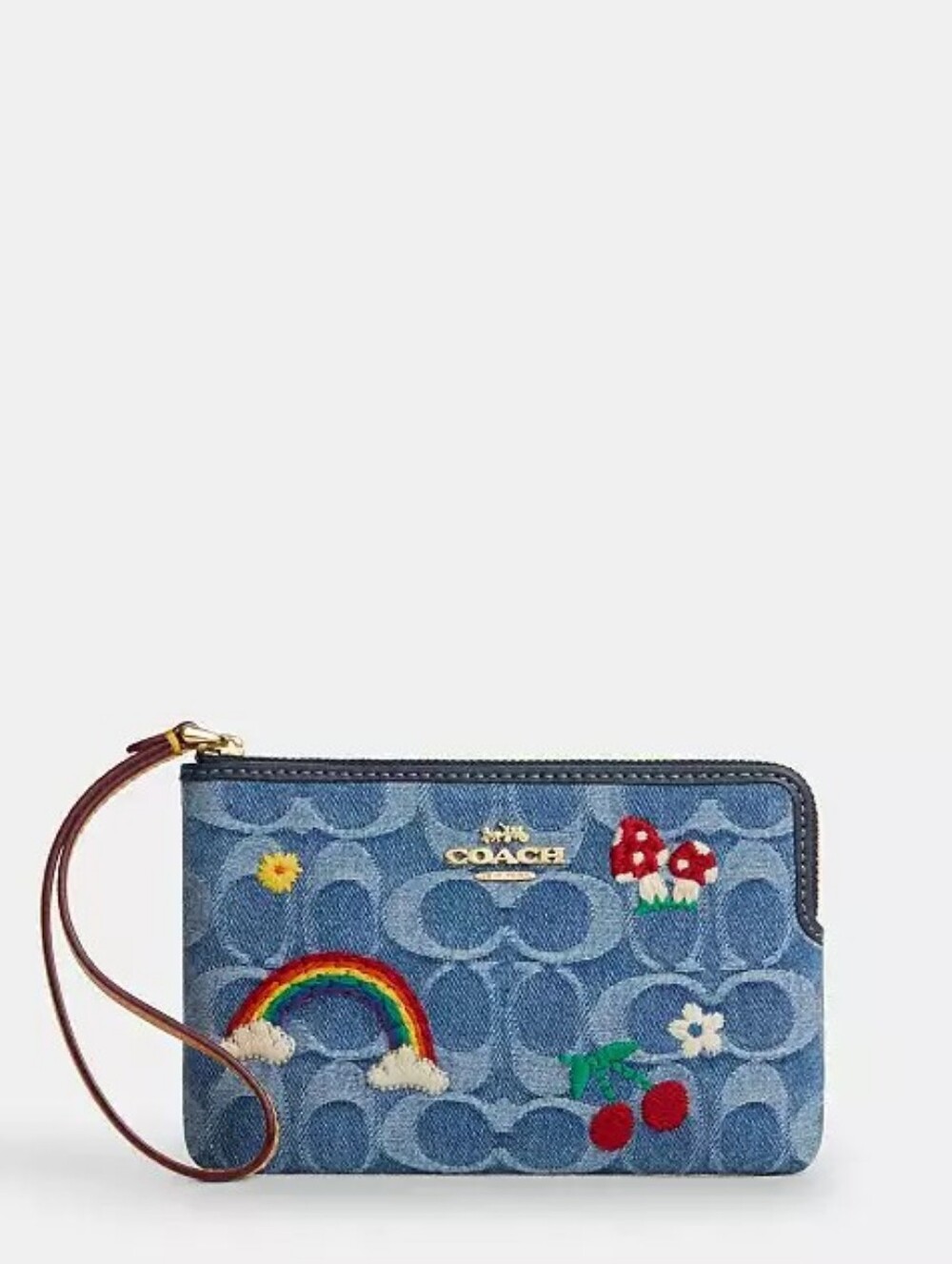 Coach Denim Wristlet with Rainbow & Floral Embroidery